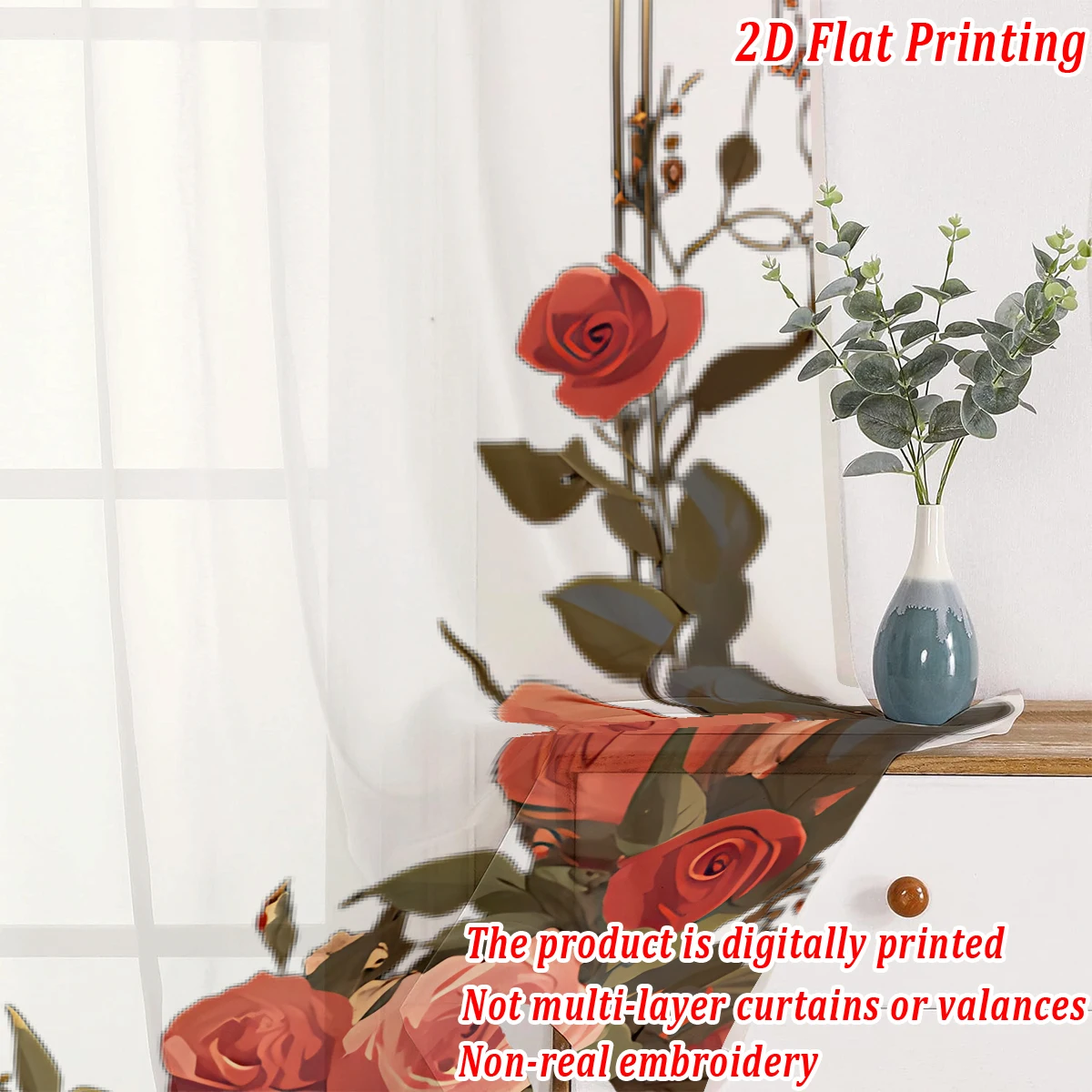ستارة شفافة مطبوعة مسطحة على شكل ورود ملونة، قماش خفيف، لغرفة المعيشة وغرفة النوم وديكور المنزل والنافذة