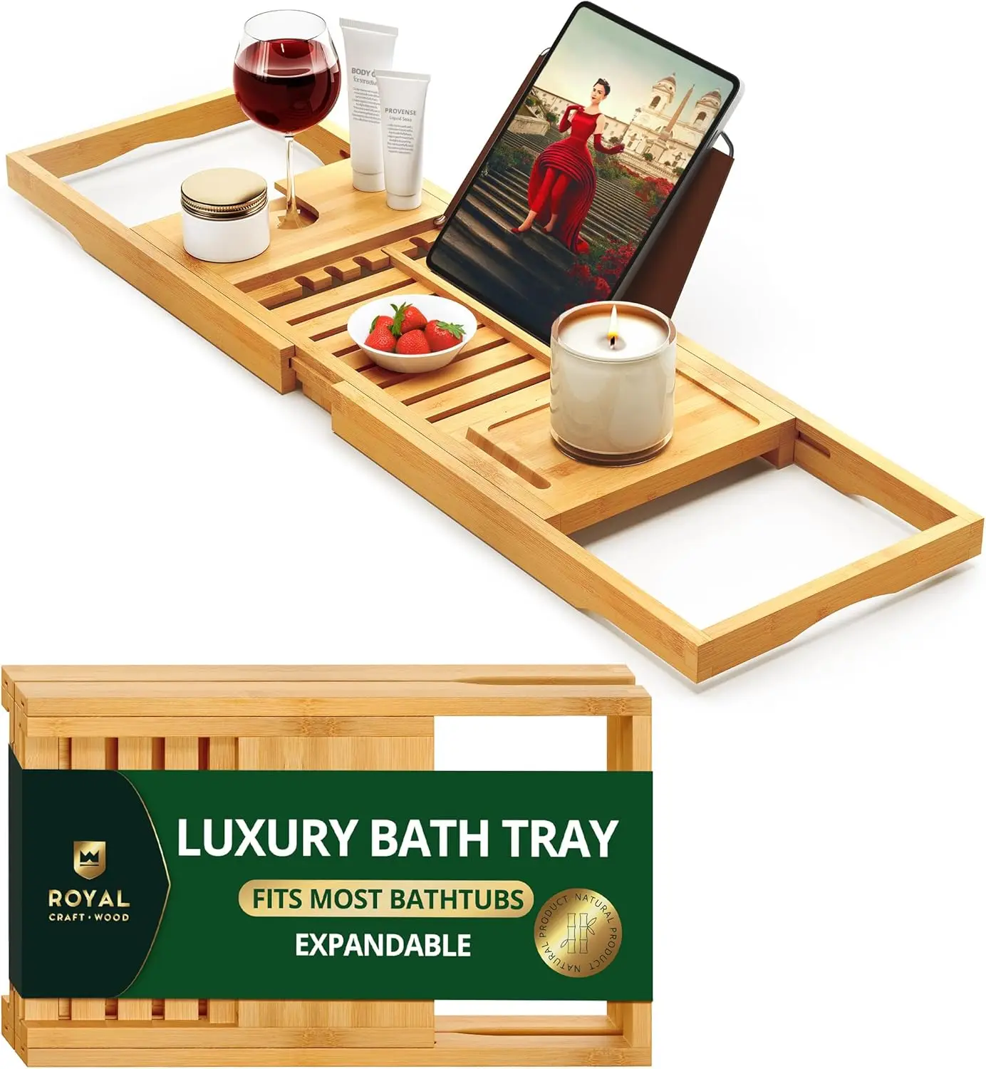 

Premium Foldable Bathtub Tray Caddy - Expandable Wood Bath Table for Tub, Bamboo Shelf, Perfect Gift for Mom & New Home