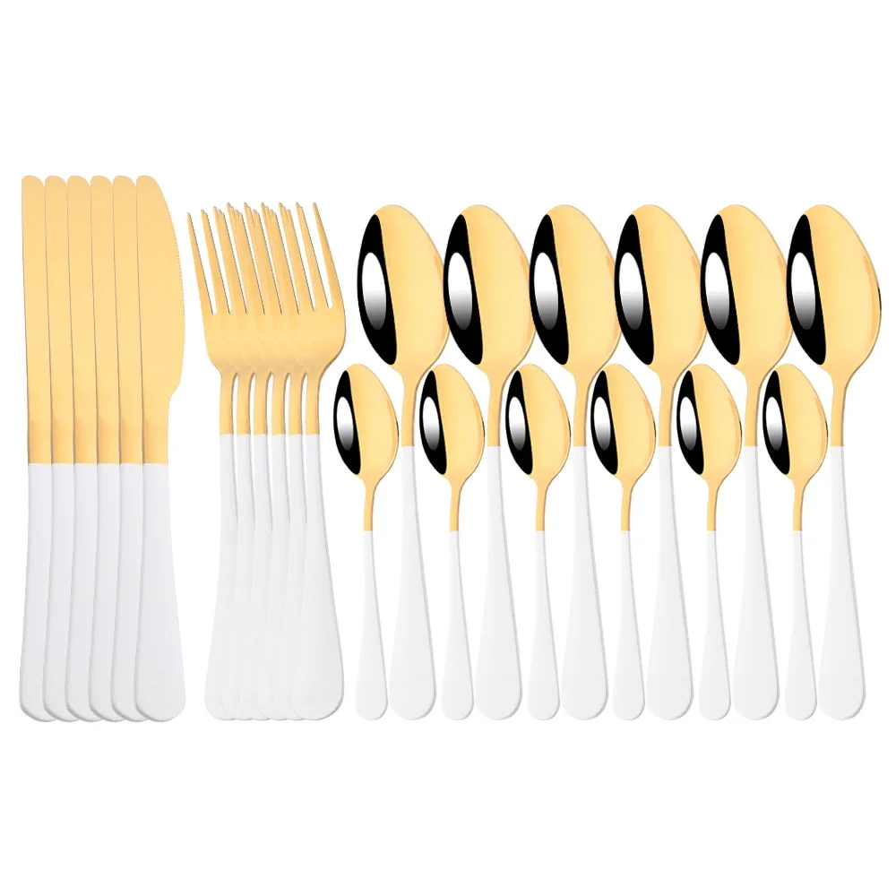 24Pcs White Gold Stainless Steel Dinnerware Cutlery Set Tableware Set Western Flatware Dinner Knife Fork Spoon Silverware Set