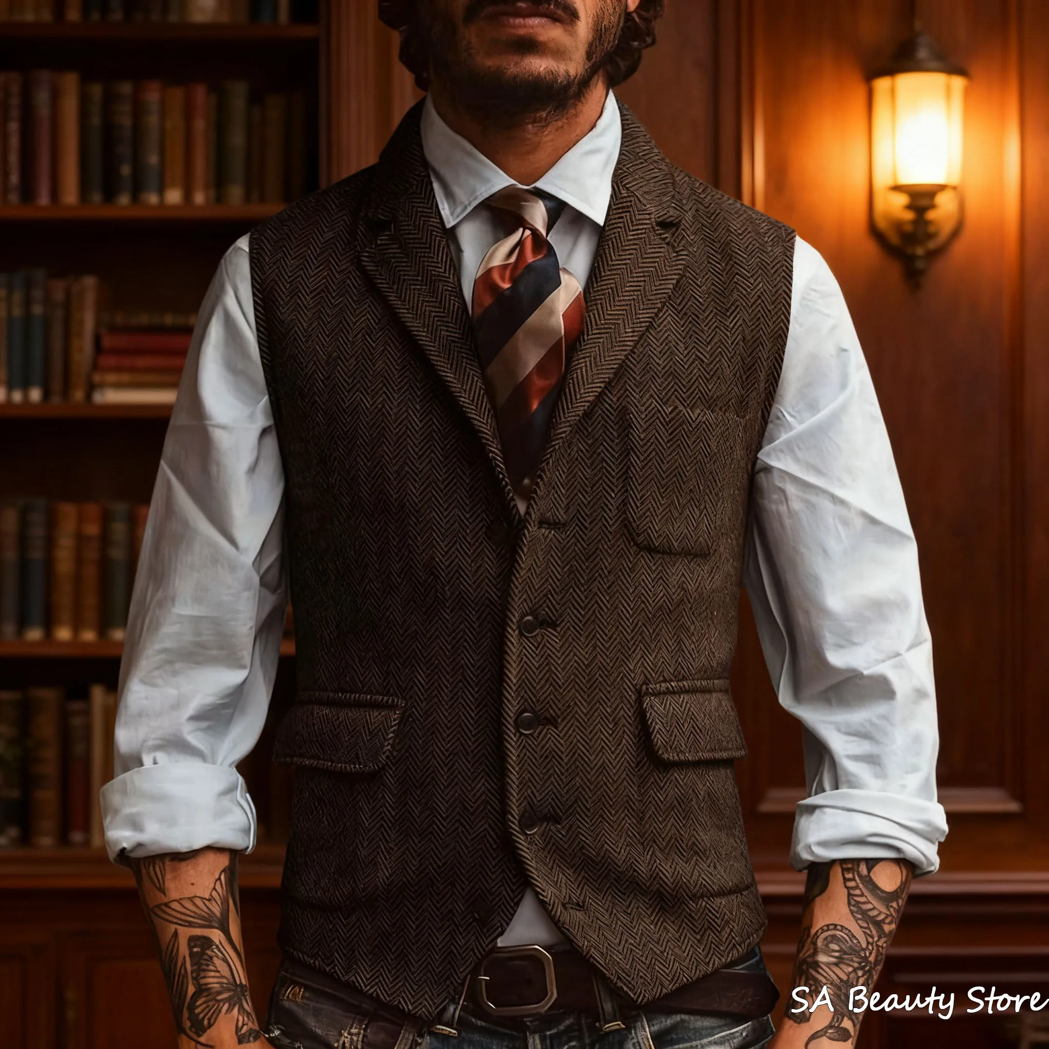 

Мужской однобортный жилет с узором «елочка», верхняя одежда, внутренняя одежда, джинсовый стиль в западном стиле, повседневная мода, облегающий теплый джентльмен, британский стиль