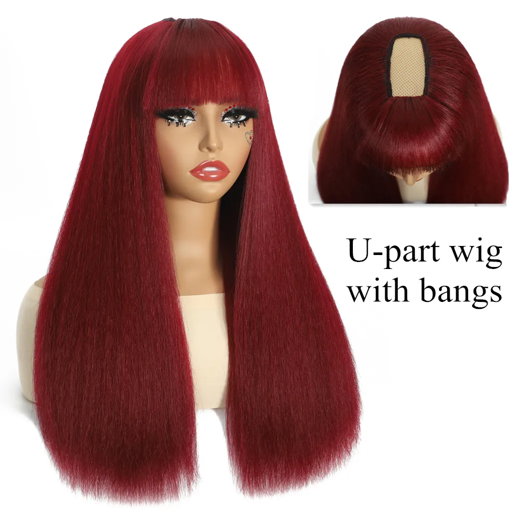 Synthetic Wigs for Women U Part Wig with Bangs Easy to Wear Yaki Cosplay Wig Kinky Straight High Temperature Fiber Hair