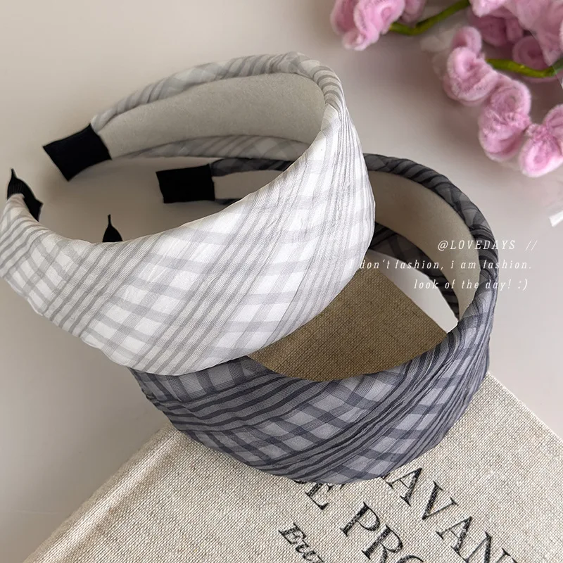 Headband Vintage Checkered Fabric Ruffled Oblique Stripe Anti Slip Gentle Durable High Quality for Women Face Wash Tidy Hair