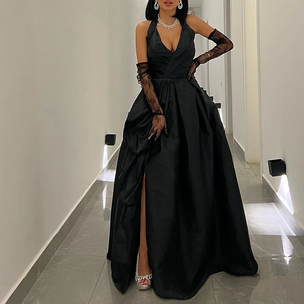 

Customized Modern Satin A-Line Detachable Sleeve Lace Evening Dress Halter Panel Train Black Side Slit Special Occasion Gowns