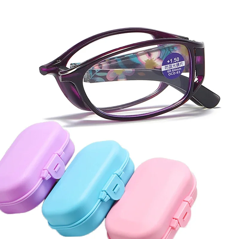 Gafas de lectura plegables antiluz azul con caja para mujer, anteojos de lectura portátiles con marco completo de flores, dioptrías + 1,0 a + 4,0