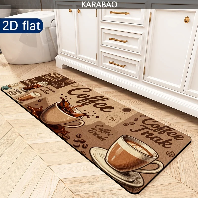 Vintage Coffee Themed Kitchen Runner Rug Non-Slip Washable Long Floor Mat with Coffee Cup Bean Print for Coffee  Kitchen Laundry