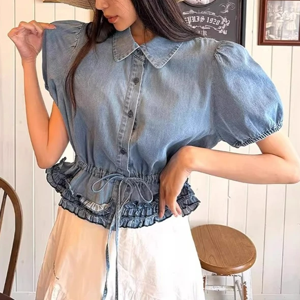 

Fashion Wooden Ear Puff Sleeve Denim Shirt for Women's Summer New Retro Style Short Top