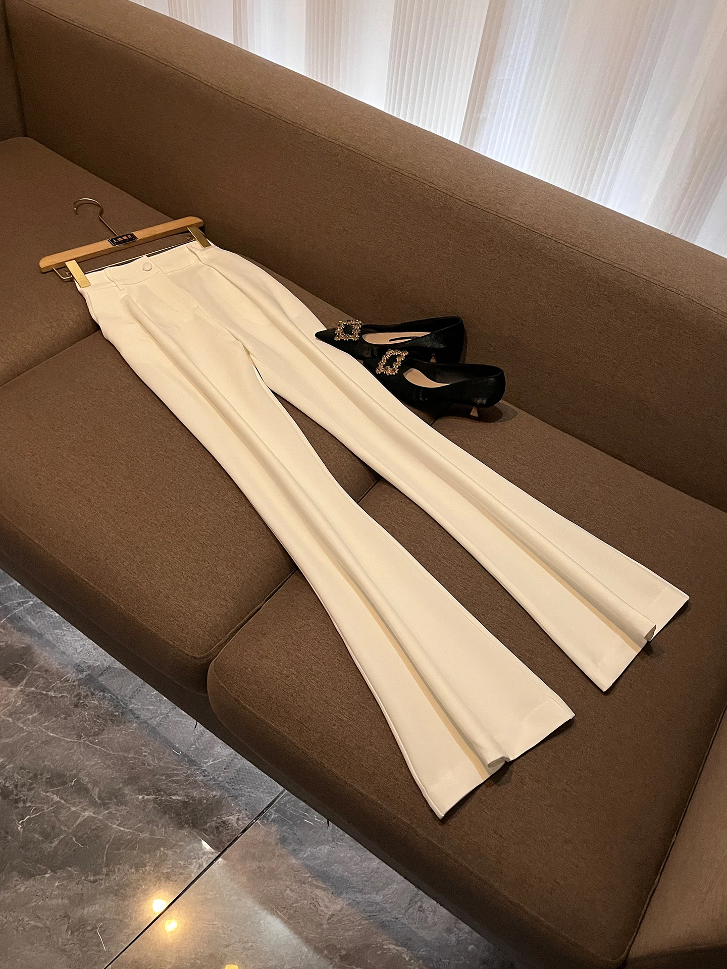 White Suit Set Women's Slim Fit Two Piece Workwear Summer Collection High Waist Pants Button up Top  Knot Detail