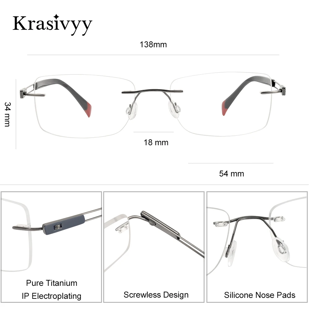 Krasivyy Square Rimless Prescription Eyeglasses Men Pure Titanium Ultralight High Quality Screwless Optical Recipe Eyewear Women