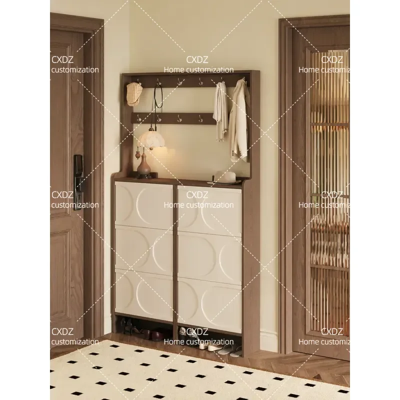 Medieval shoe cabinet, integrated hanger, household solid wood tipping bucket storage cabinet, ultra-thin storage cabinet at