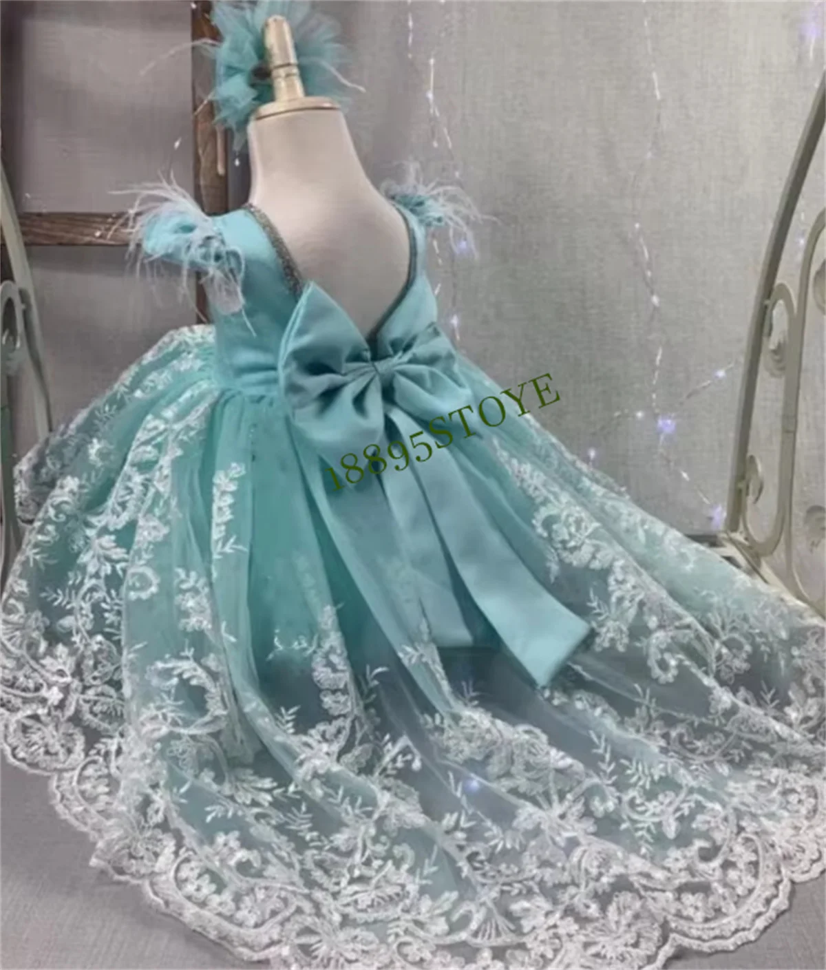 CustomizedTurquoise Satin Tulle High Low Flower Girl Dress Open Back Rhinestone Embezzlement Feather Sleeve Infant Kid Birthday