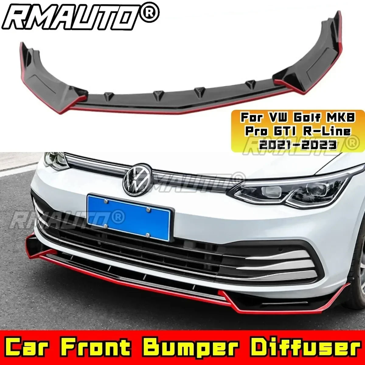 For Golf MK8 Pro GTI R-Line Body Kit Front Bumper Lip Glossy Black Red For VW Golf MK8 Pro GTI R-Line 2021-2023 Car Accessories