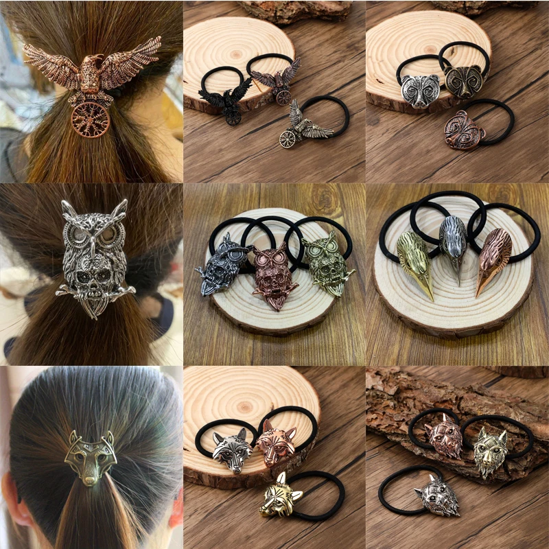 Gothic Norse Viking Animal Hair Rope Hairwear Vintage Wolf Bear Crow Elastic Hairband Woman Hair Accessories Rubber Gum for Hair