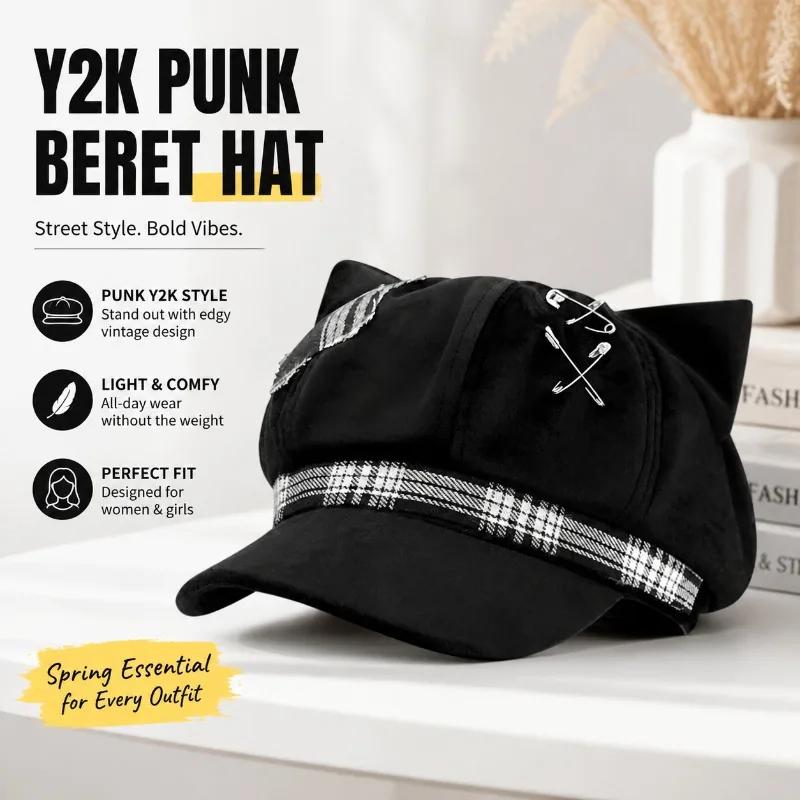 Black Punk Beret for Women Y2K Hot Girl Aesthetic Subculture Headwear Spring New Arrival Versatile Octagonal Hat Otaku Fashion
