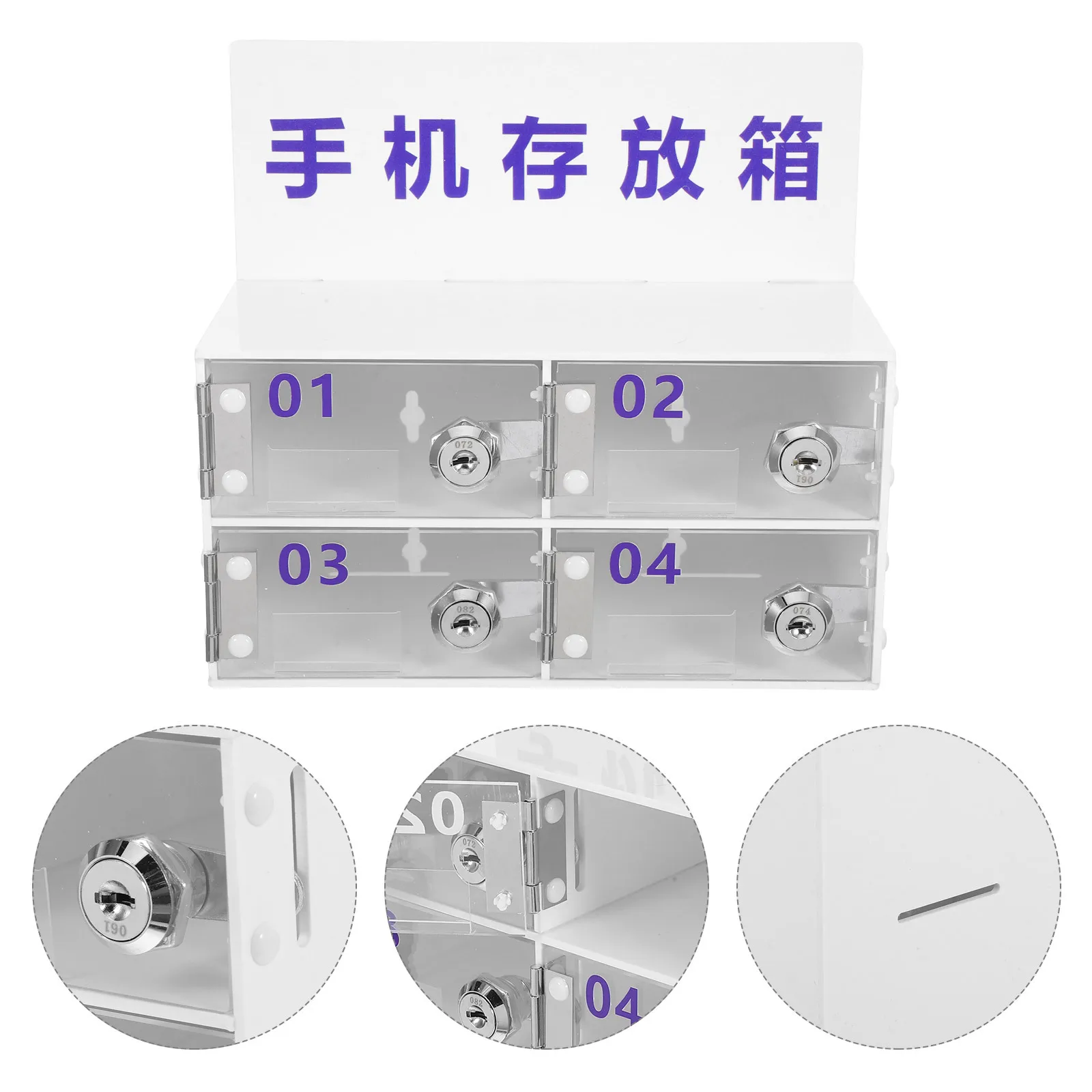 Phone Storage Cabinet 4 Compartment Acrylic Organizer with Lock System for Workplace School Cell Phone Management Container