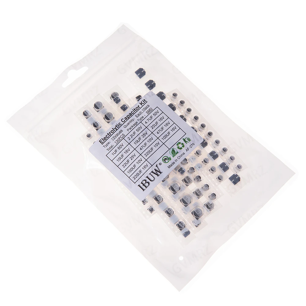 130PCS 13Values SMD Electrolytic Capacitor Kit for Power Filtering & Electronic Prototyping  1UF50V 2.2UF 50V 4.7UF 50V  10UF