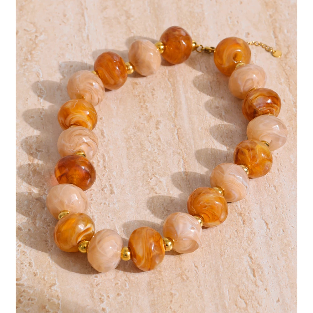 Yhpup Resin Round Beads Handmade Necklace 2025 Women Waterproof Stainless Steel Personalized Autumn Winter Jewelry New Arrival