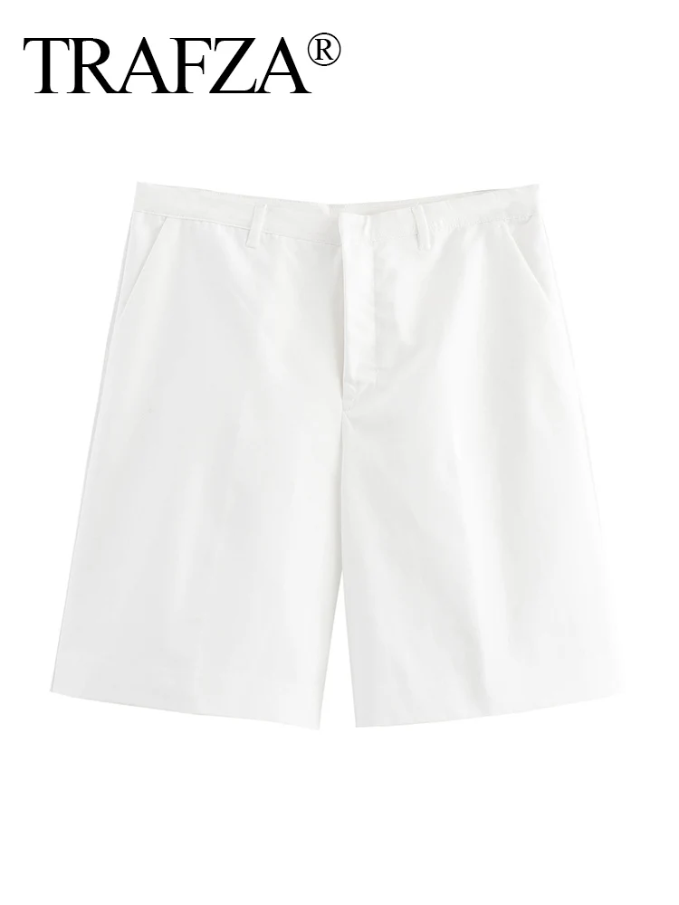 

TRAFZA Women's Fashion Versatile White High Waist Zipper Bermuda Shorts Female New Chic Elegant High Street Casual Shorts Mujer