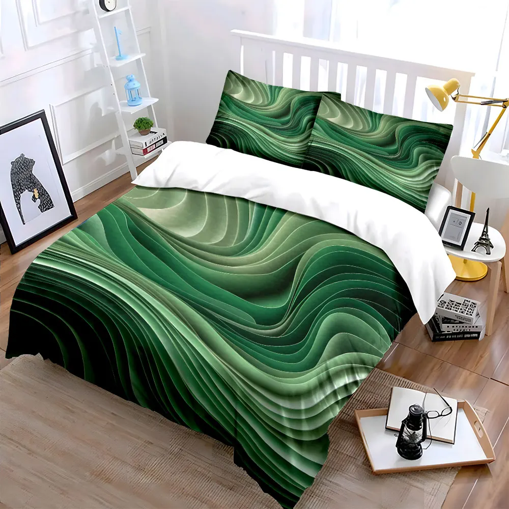 Flowing Layers of Green Patterns Bedding Set for Kids Luxury Gift 3pcs Digital Print Comforter Set Soft Comfortable Breathable
