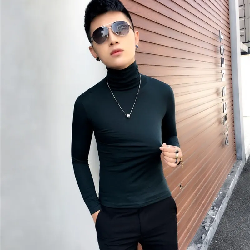 

Men's High Neck Fleece Lined Slim Fit Base Shirt Elastic Fashion Urban Winter T-Shirt Inner Wear Tight Top Pure Color