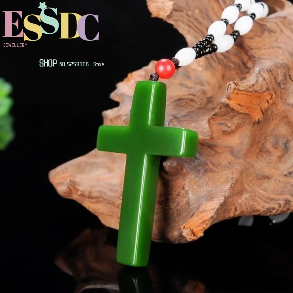 

Natural Green Hand-carved Cross Jade Pendant Fashion Boutique Jewelry Men and Women Jesus Cross Necklace Gift Accessories