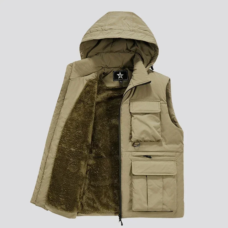 

2025 Winter Men's Cargo Vest Thick Fleece Warm Sleeveless Jacket Hooded Tactical Coat Men Pockets Workwear Outdoor Waistcoat