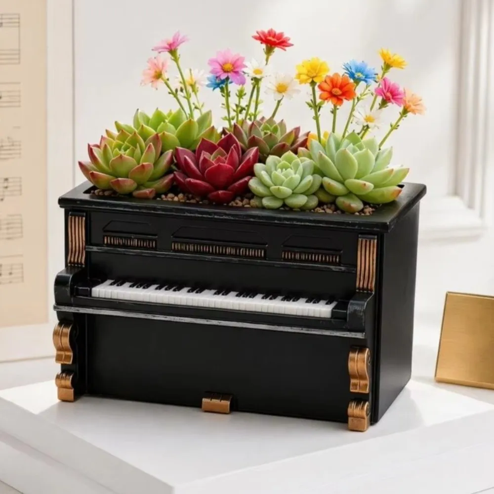 Personality Decor Retro Style Piano Flower Pot Decorative Gold Trim Piano Planter Unique Succulent Pot Indoor Plant Display