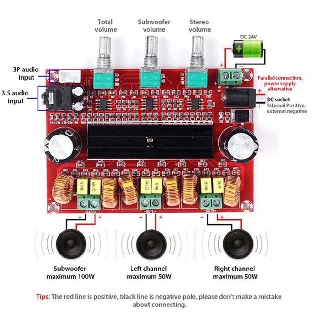 XH-M139 2x 50W +100W 2.1 Channel Digital Subwoofer Power Amplifier Board 3 Channels DC 12-24V