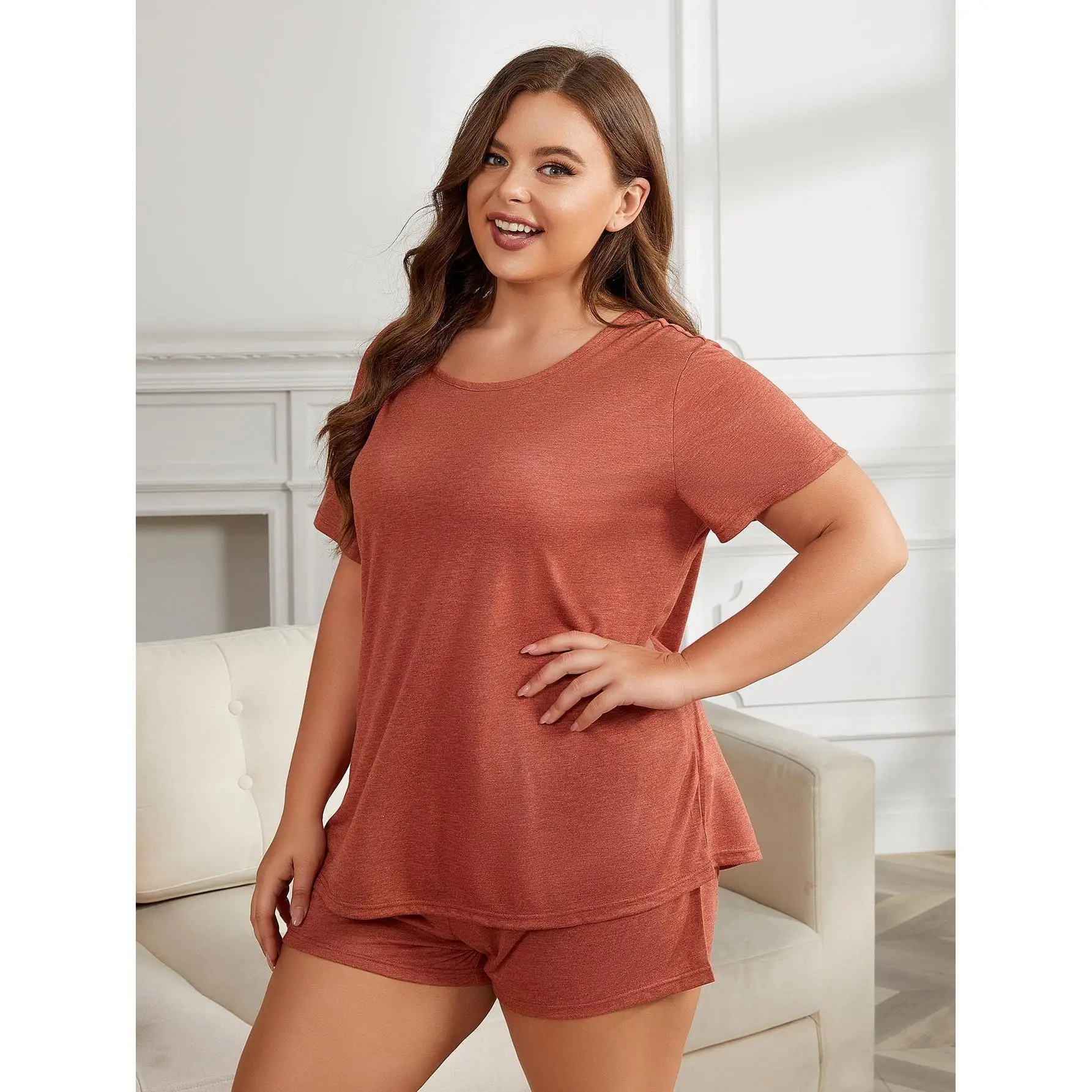 Plus Size XL-5XL Pajamas Suit Fat Girl Summer Solid Color Short Sleeved Shorts Two-Piece Sleepwear Loose Casual Home Clothes 5