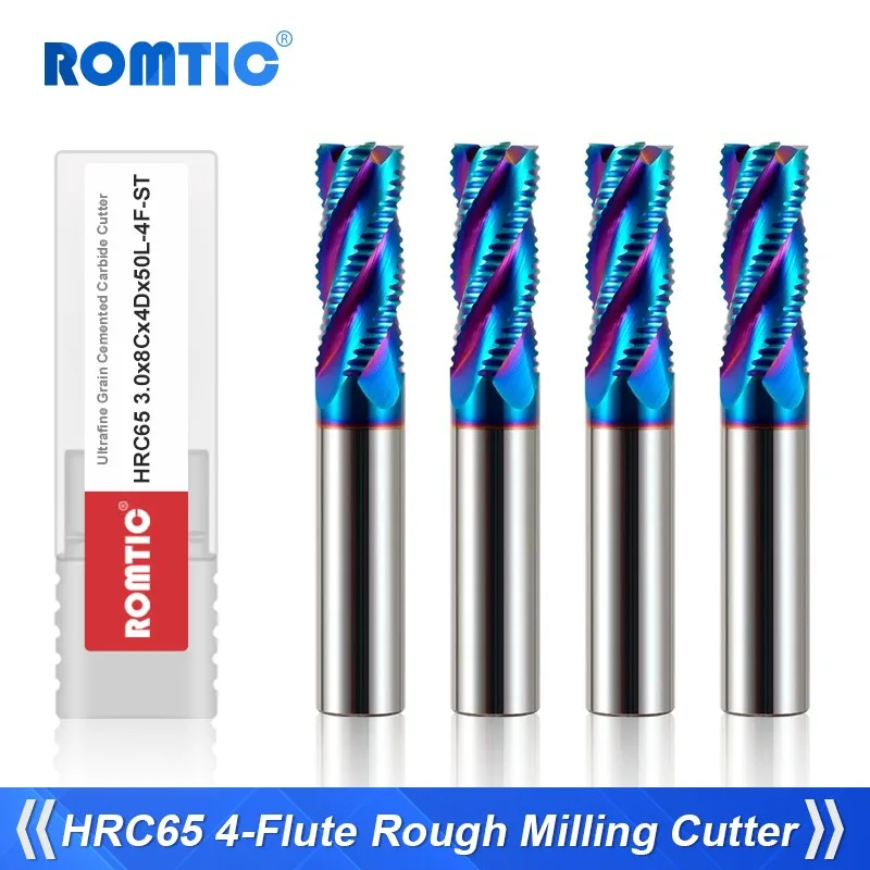 ROMTIC HRC65 Tungsten Steel Carbide  Blue Nano Coating 4-Flute Roughing End Mill CNC Mechanical Machining Center Milling Cutter