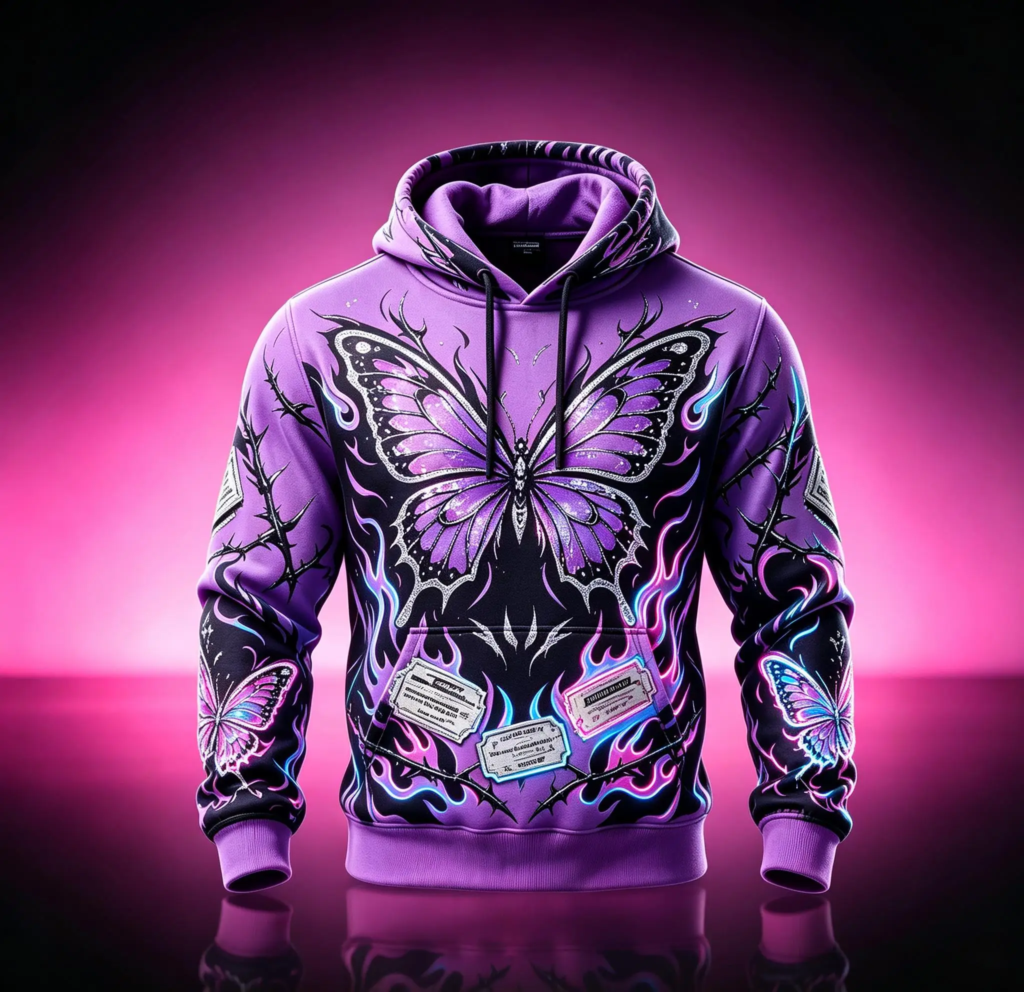 Men Fleece Lined Hoodie Black Pink Thorn Butterfly Flame Print Drawstring Pullover Sweatshirt