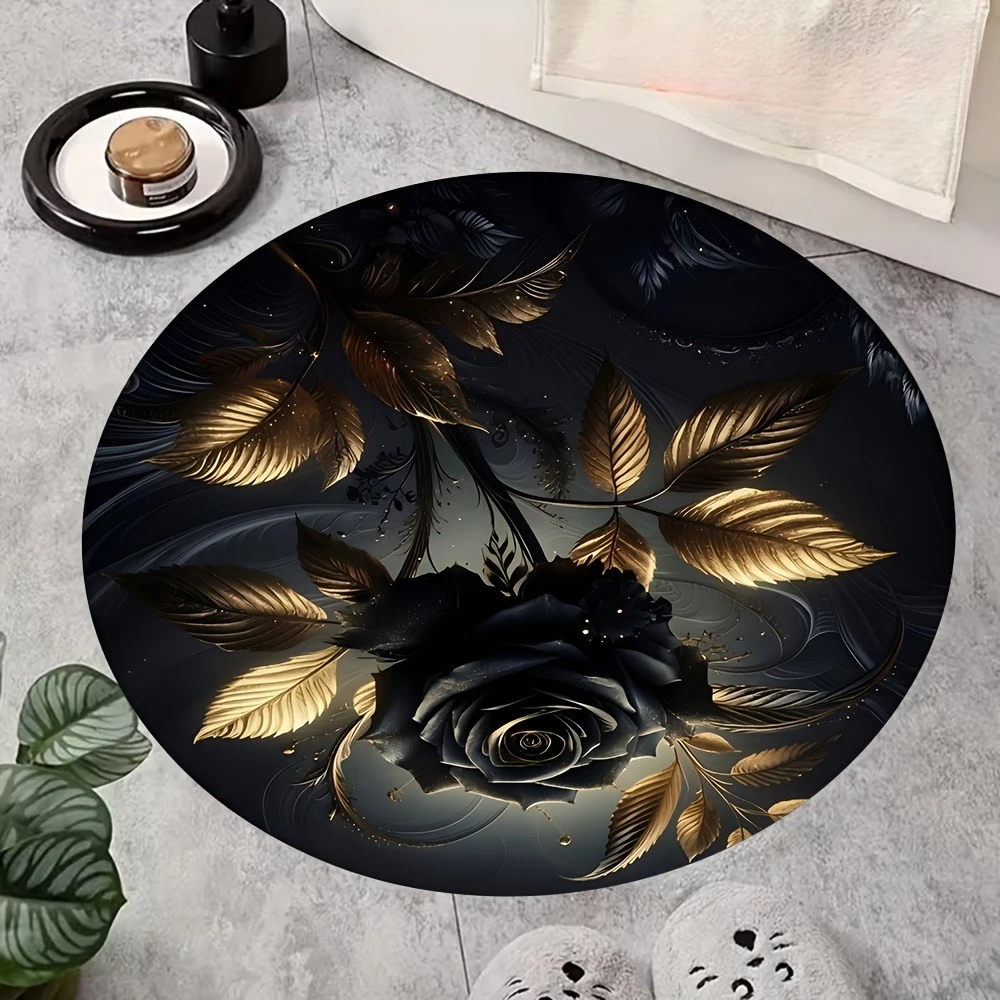 Modern Abstract Ink Fluid Art Circular Area Rug  Grey White Symmetric Flower Print Anti Slip Living Room Decor Round Doormat