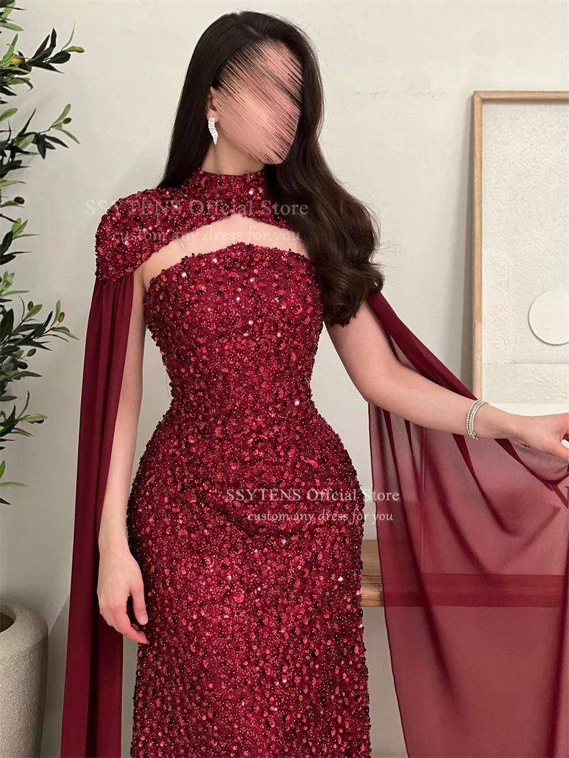 SSYTENS Elegant Red Formal Dress Shiny Sequined Wedding Evening Gowns Cape Sleeves Long Saudi Arabia Prom Dresses Customized