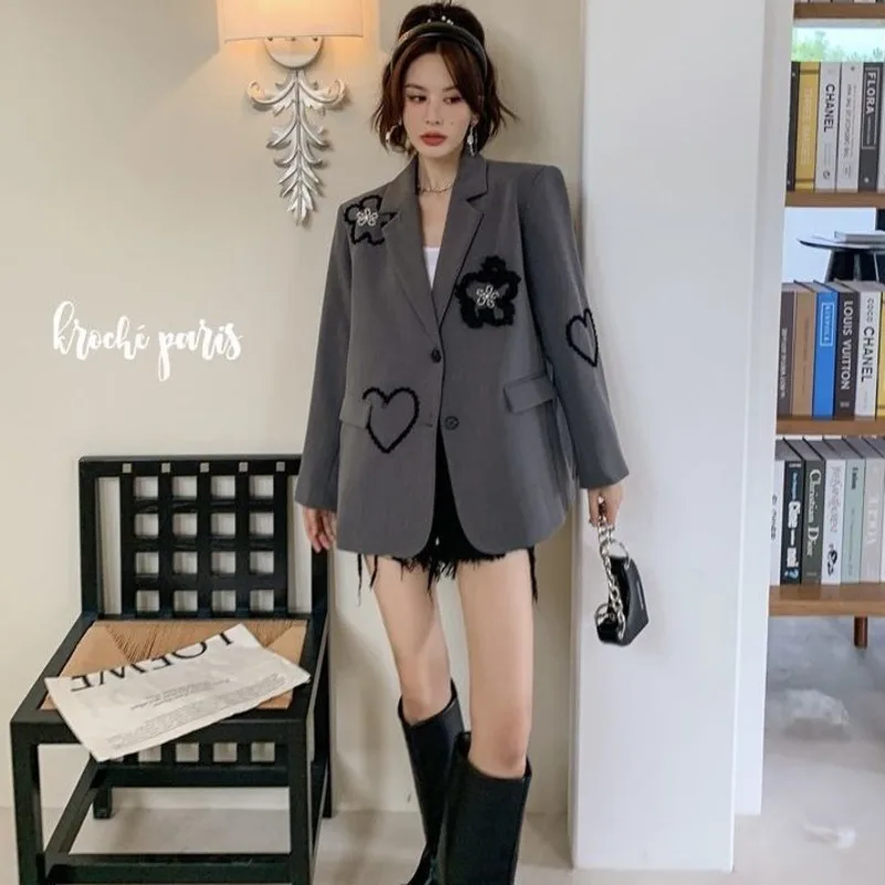 Casual Women\'s Blazer Three-dimensional Flower Love Embroidery Suit Coat Female Korean Loose Long Sleeves Jackets