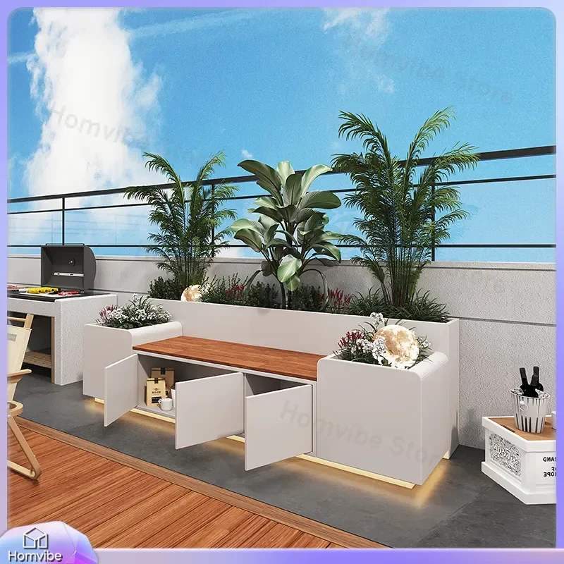 Outdoor Flower Box Bench Stainless Steel Wrought Iron Planter Seat Rectangular Garden Balcony Fence Partition Indoor