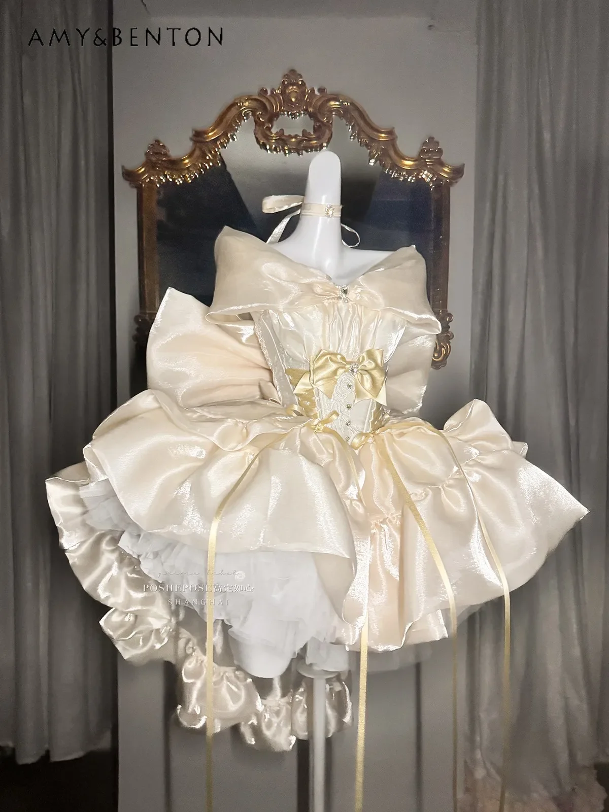 High End Temperament Satin Princess Tutu Dress Cute Bow Off Shoulder Fish Bone Slimming Mini Dress Retro Graceful Lolita Dresses