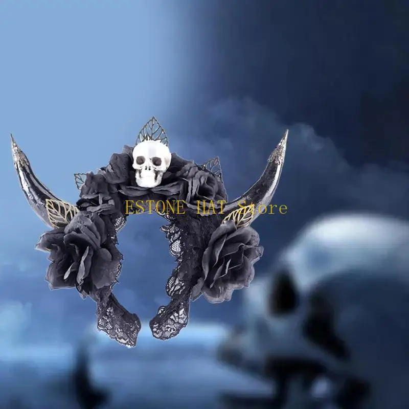 49MF Cerchietto per capelli con corno pecora e teschio Halloween Cerchietto per capelli della Regina cattiva Costume per