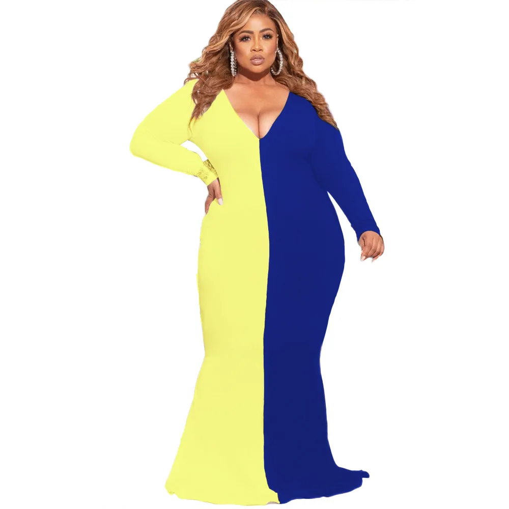 SOMO 2022 Women's Slim Plus Size Sexy V Neck Long Sleeves Color Blocking Floor Length Casual Dresses Wholesale Dropshipping