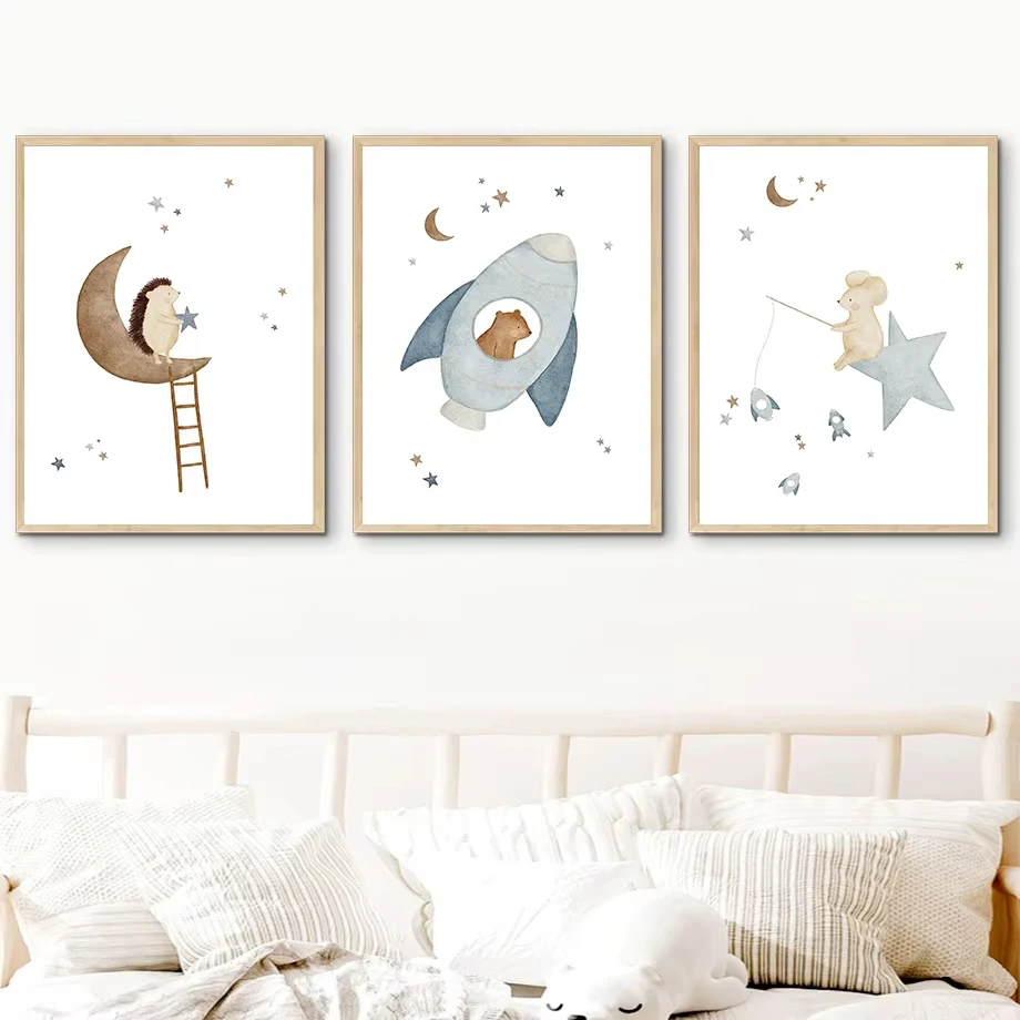 Boho Space Rocket Bear Rabbit Hedgehog Bee Flowers Nursery Posters Wall Art Print Canvas Painting Baby Kids Room Home Decoration