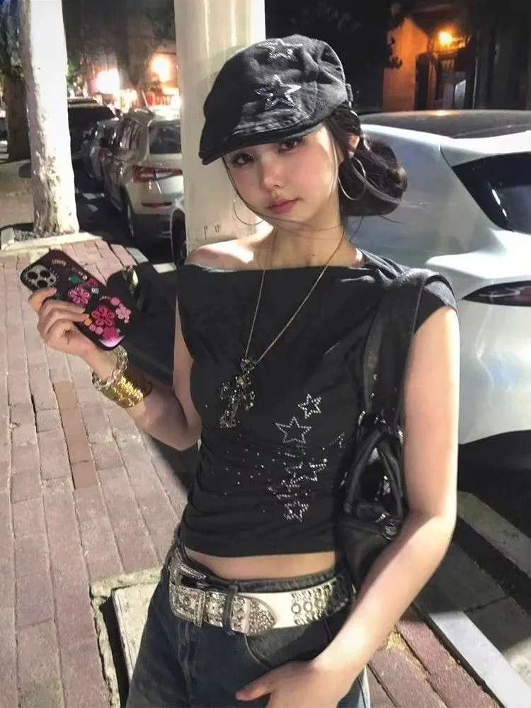 Ezgaga Sexy T Shirts Women Fashion Star Printed Short Sleeve Slim Spring Summer Diagonal Collar Off Shoulder Y2k Crop Tops