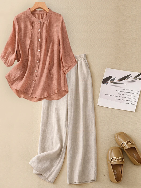 

Faionable Cotton Linen Set Women Summer Mom High End Personali Linen Whole Set Top Pants Two Piece Set Loose Fit Handmade...