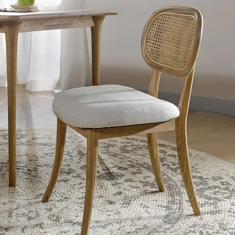 Nordic rattan solid wood dining chair modern neoclassical fabric rattan art B & B home soft bag back leisure chair book chair