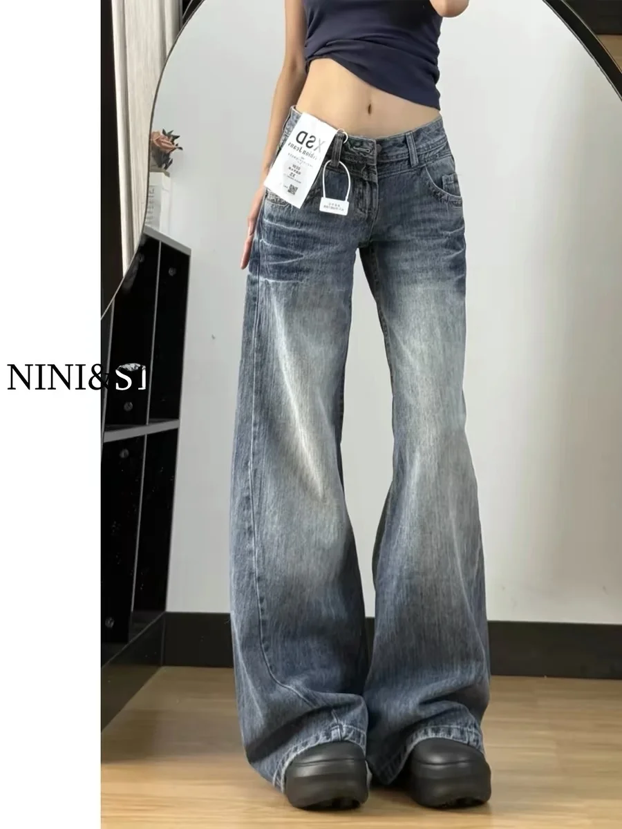 

American Retro Low Waist Wide Leg Denim Jeans Women's Spring New plus Size Small Figure Spicy Micro Flared Pants