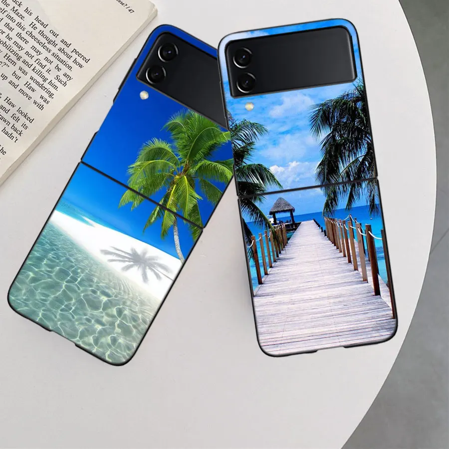 Sea Tropical Palm Trees Beach Case for Samsung Galaxy Z Flip 6 Flip 5 4 3 5G Black Cell Phone Cover Samsung Z Flip 5 5G Luxur