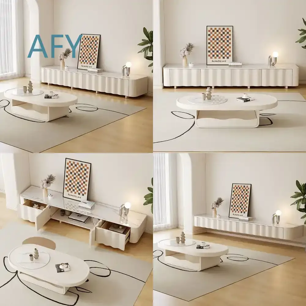 Cloud Shape Coffee Table 2025 New Geometric TV Stand Set with Drawers Minimalist Cream Living Room Low Cabinet for Sofa for