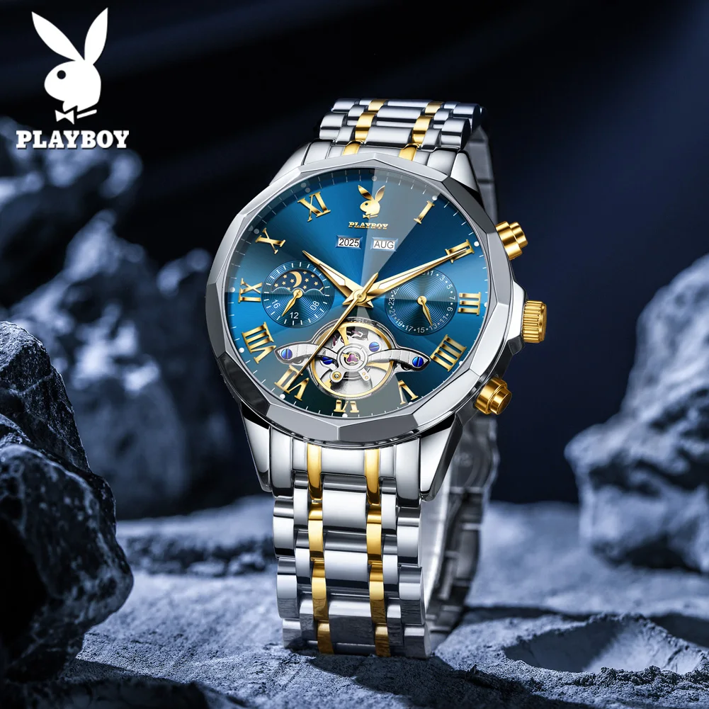 

PLAYBOY 3089 Watches Man Skeleton Automatic Mechanical Watch Stainless Steel Moon Phase Waterproof Business Casual Male Watches