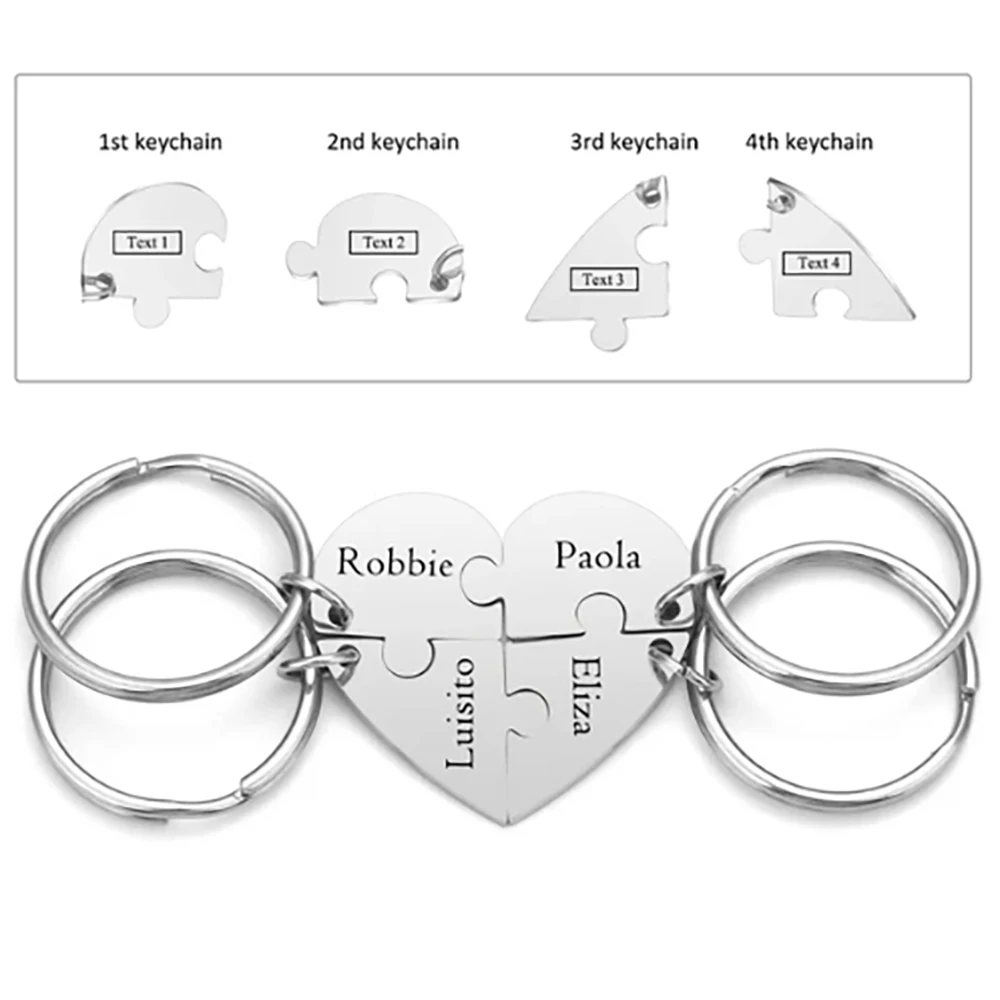 Set gantungan kunci puzzle personalisasi 3, 4 cincin kunci puzzle, hadiah reuni keluarga, gantungan kunci berbentuk hati, hadiah Natal