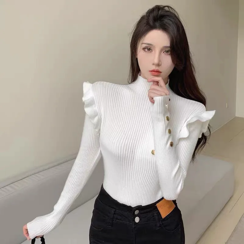 Women Butterfly Sleeve Sweater 2023 Korean Turtleneck Basic Knitted Pullover All-Match Office Lady Korean Basic Knitwear Top