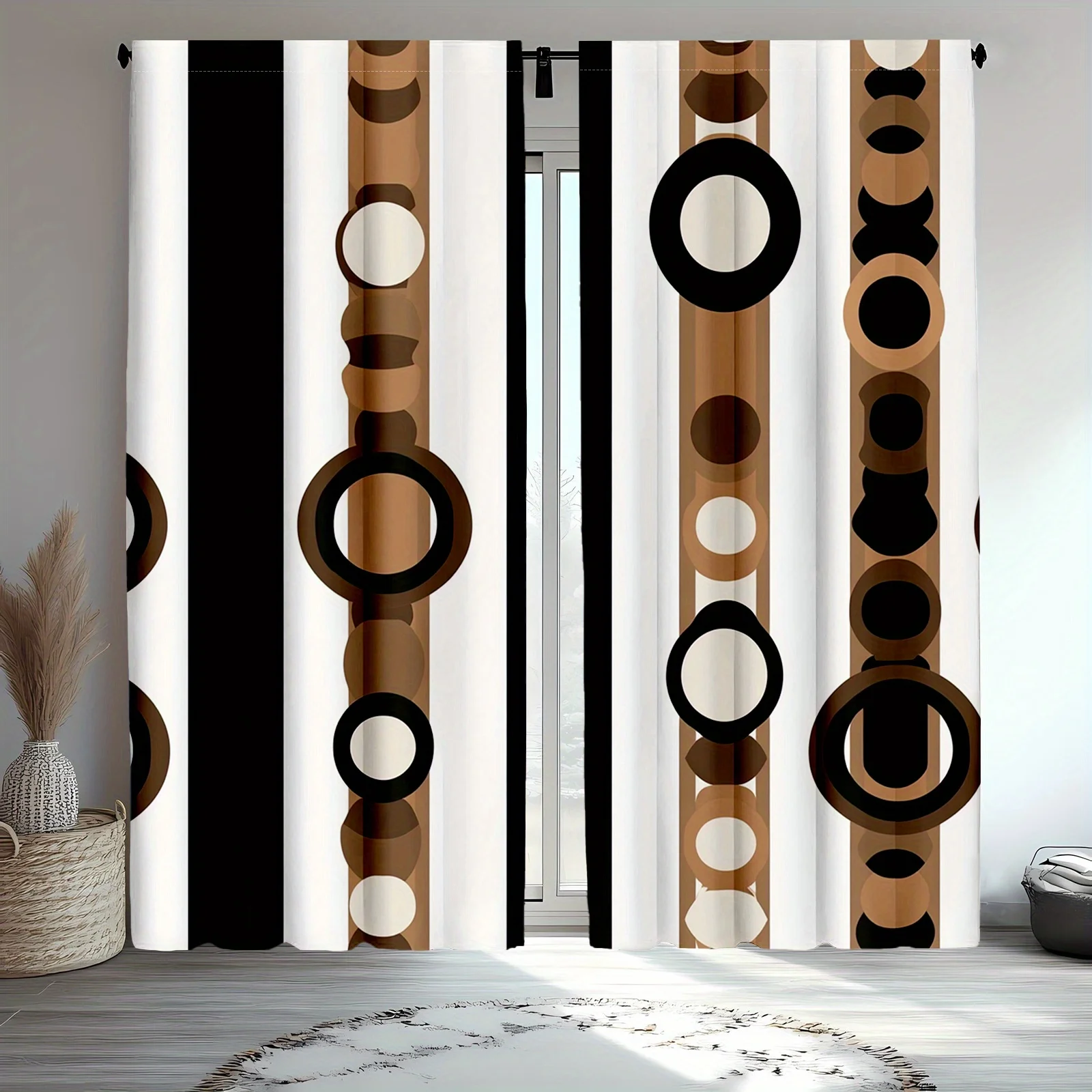 Contemporary Geometric Abstract Curtains Beige Brown Black White Circle Pattern Window Drapery Panels for Living Room Decor