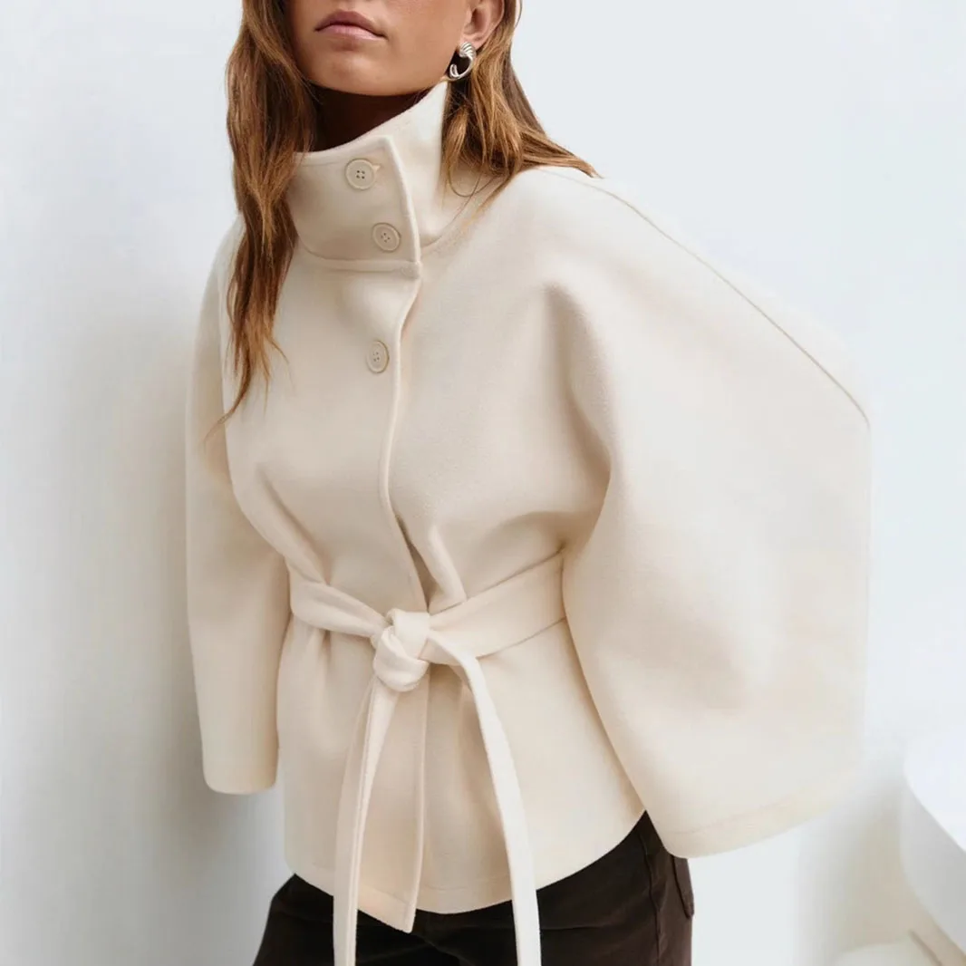 Damenjacken mit Schnürung und hohem Kragen, mit Gürtel, elegante Windjacke, aus Kunstwollmischgewebe, im Streetstyle, einfarbige Windjacke, Umhang. – Detail 5