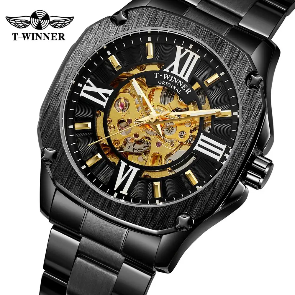 

Square Skeleton Mechanical Watches Retro Automatic Men’s Watch Luminous Pointers Fashion Black Stainless Steel Strap Wristwatch